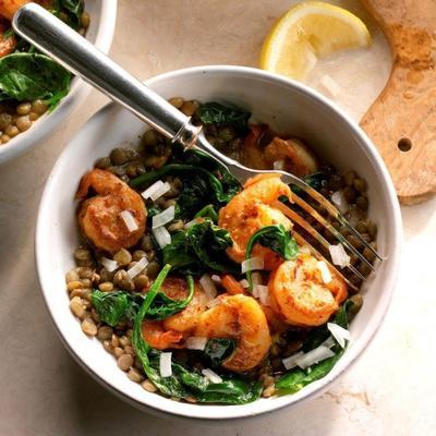 crevettes aux épinards et aux lentilles