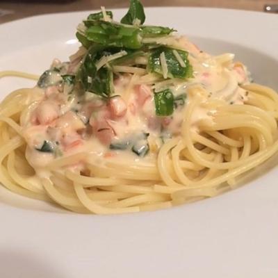 spaghetti crémeux au basilic margherita