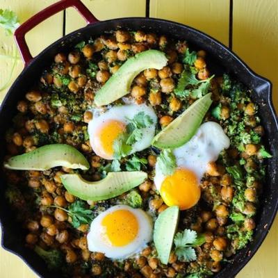 poêle pois chiches et riz brocoli