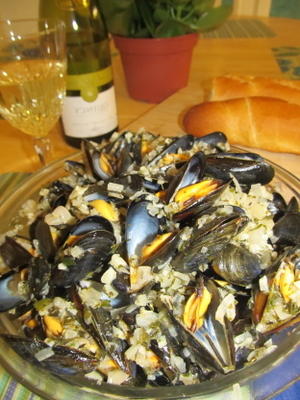 moules à l'ail dans un citron riche, herbes fraîches, sauce au beurre