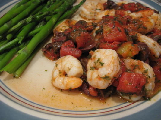 crevettes aux tomates, olives et basilic