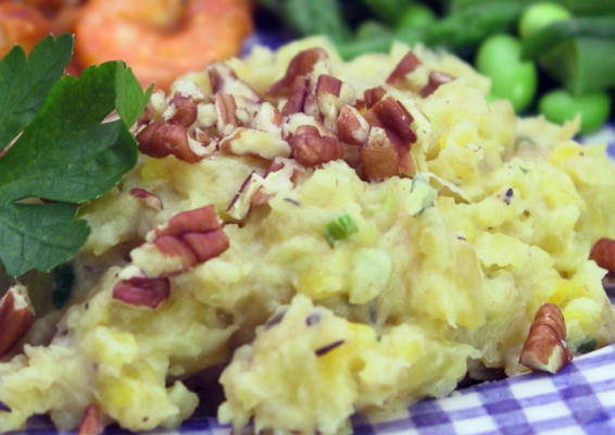 plantains en purée avec poireaux et herbes fraîches