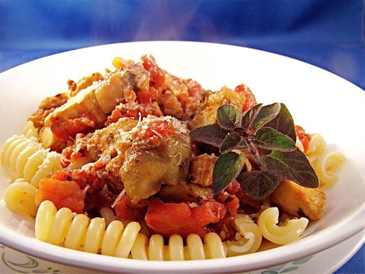 penne au poulet grillé et aubergines