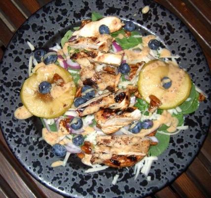 salade de shwarma au poulet! w / sirop d'érable, vieux cheddar et blueberrie