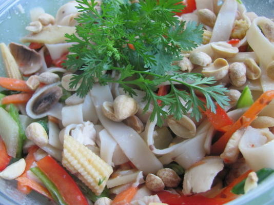 salade asiatique de poulet, nouilles et légumes