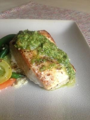cobia rôti au pesto double basilic