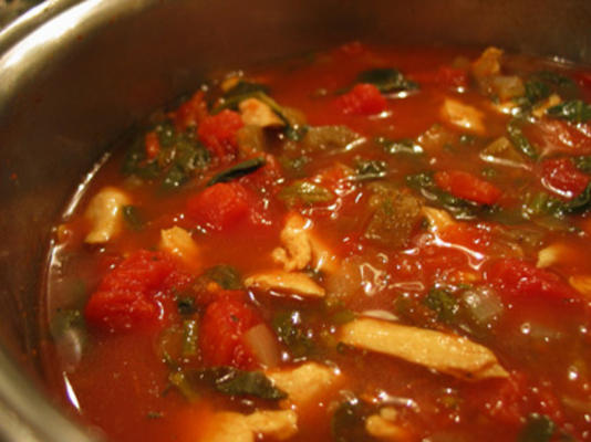 soupe au poulet avec épinards, aubergines et tomates
