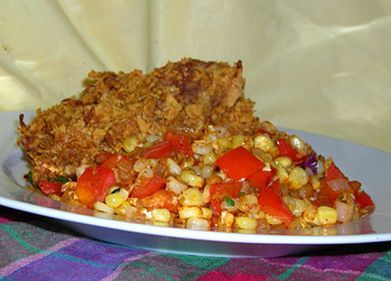maïs caramélisé avec oignons et poivrons rouges