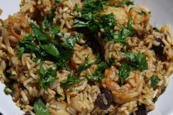 riz au chorizo, crevettes et olives vertes