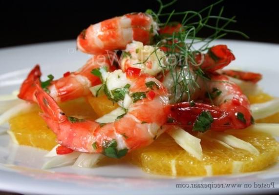 salade de fenouil et d'orange garnie de crevettes / crevettes