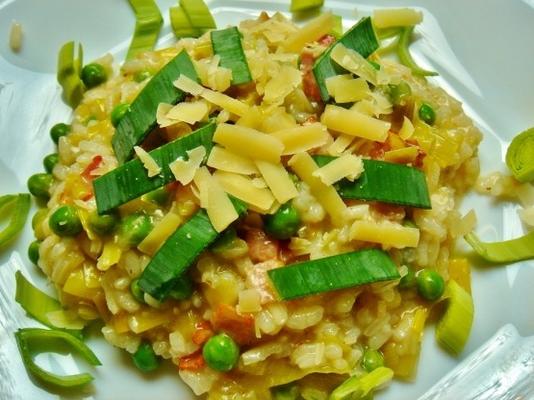 risotto aux poireaux, lardons et petits pois