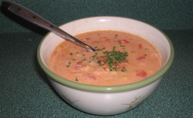 soupe de pois chiches à la noix de coco, avec morceaux de tomate et cumin frit