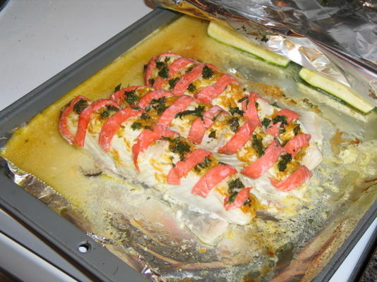 flétan rôti aux agrumes et saumon fumé