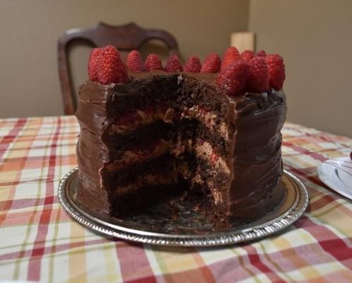 tranche de gâteau de couche de framboise au chocolat quintuple décadent