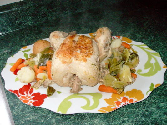 poulet dans une casserole avec poireaux, oignons nouveaux et navets